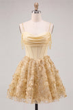 Vestido de regresso a casa, Espartilho amarelo, alças finas florais franzidas, A-line com bordas