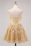Vestido de regresso a casa, Espartilho amarelo, alças finas florais franzidas, A-line com bordas