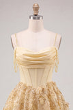 Vestido de regresso a casa, Espartilho amarelo, alças finas florais franzidas, A-line com bordas