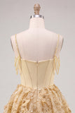 Vestido de regresso a casa, Espartilho amarelo, alças finas florais franzidas, A-line com bordas