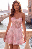 Espartilho cor-de-rosa transparente floral A-Line Sweetheart Renda nas costas vestido com bordas