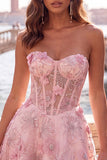 Espartilho cor-de-rosa transparente floral A-Line Sweetheart Renda nas costas vestido com bordas