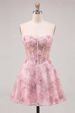 Espartilho cor-de-rosa transparente floral A-Line Sweetheart Renda nas costas vestido com bordas
