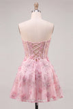 Espartilho cor-de-rosa transparente floral A-Line Sweetheart Renda nas costas vestido com bordas