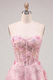 Espartilho cor-de-rosa transparente floral A-Line Sweetheart Renda nas costas vestido com bordas