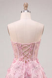 Espartilho cor-de-rosa transparente floral A-Line Sweetheart Renda nas costas vestido com bordas