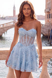 Espartilho cor-de-rosa transparente floral A-Line Sweetheart Renda nas costas vestido com bordas