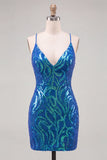 Vestido de regresso ao lar com alças finas bodycon com lantejoulas azul escuro e renda nas costas