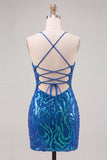 Vestido de regresso ao lar com alças finas bodycon com lantejoulas azul escuro e renda nas costas