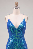 Vestido de regresso ao lar com alças finas bodycon com lantejoulas azul escuro e renda nas costas