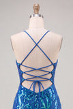 Vestido de regresso ao lar com alças finas bodycon com lantejoulas azul escuro e renda nas costas