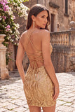Vestido de regresso ao lar com alças finas bodycon com lantejoulas azul escuro e renda nas costas