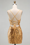 Vestido de regresso ao lar com alças finas bodycon com lantejoulas azul escuro e renda nas costas