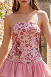 Vestido Curto de Finalistas Verde Verde Claro, Strapless A-Line Sem Alças, Lantejoulas com Folhos