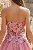 Vestido Curto de Finalistas Verde Verde Claro, Strapless A-Line Sem Alças, Lantejoulas com Folhos