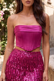 Vestido de Finalistas Body-Sem Alças Bodycon, Espartilho de 2 peças, com franjas