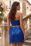 Vestido de Finalistas Body-Sem Alças Bodycon, Espartilho de 2 peças, com franjas