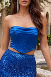 Vestido de Finalistas Body-Sem Alças Bodycon, Espartilho de 2 peças, com franjas