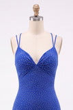 Vestido Curto de Finalistas Azul Real com Missangas e Renda nas Costas