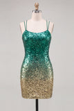 Vestido curto de regresso a casa com lantejoulas verdes e douradas brilhantes com renda nas costas
