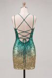 Vestido curto de regresso a casa com lantejoulas verdes e douradas brilhantes com renda nas costas