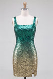 Vestido de regresso a casa com lantejoulas bodycon verde e dourado com gola quadrada e cintilante