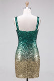 Vestido de regresso a casa com lantejoulas bodycon verde e dourado com gola quadrada e cintilante