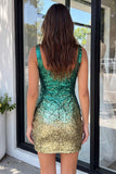 Vestido de regresso a casa com lantejoulas bodycon verde e dourado com gola quadrada e cintilante