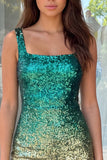 Vestido de regresso a casa com lantejoulas bodycon verde e dourado com gola quadrada e cintilante