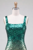 Vestido de regresso a casa com lantejoulas bodycon verde e dourado com gola quadrada e cintilante