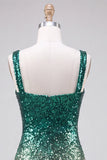 Vestido de regresso a casa com lantejoulas bodycon verde e dourado com gola quadrada e cintilante