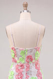 Vestido de Boas-Vindas a Casa com Flores Corconadas Cor-de-Rosa e Verdes com Bordados