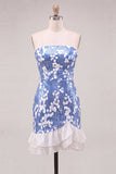 Vestido Curto de Regresso a Casa Sem Alças Azul Bodycon Lantejoulas