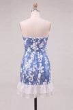 Vestido Curto de Regresso a Casa Sem Alças Azul Bodycon Lantejoulas