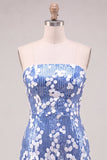 Vestido Curto de Regresso a Casa Sem Alças Azul Bodycon Lantejoulas