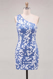 Bodycon Vestido Curto de Finalistas Azuis de Lantejoulas Um Ombro