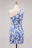 Bodycon Vestido Curto de Finalistas Azuis de Lantejoulas Um Ombro