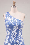 Bodycon Vestido Curto de Finalistas Azuis de Lantejoulas Um Ombro