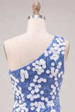 Bodycon Vestido Curto de Finalistas Azuis de Lantejoulas Um Ombro
