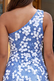 Bodycon Vestido Curto de Finalistas Azuis de Lantejoulas Um Ombro