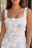 Vestido de Homecoming com lantejoulas bodycon decote quadrado com decote quadrado e flores 3D