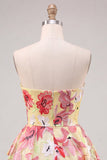 Vestido de Finalistas Rosa A-Line Floral com Missangas e Missangas