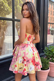 Vestido de Finalistas Rosa A-Line Floral com Missangas e Missangas