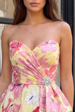 Vestido de Finalistas Rosa A-Line Floral com Missangas e Missangas