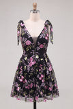 Vestido de Finalista Preto Preto de Decote em V, com Lantejoulas Florais