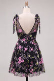 Vestido de Finalista Preto Preto de Decote em V, com Lantejoulas Florais