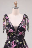 Vestido de Finalista Preto Preto de Decote em V, com Lantejoulas Florais