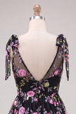 Vestido de Finalista Preto Preto de Decote em V, com Lantejoulas Florais