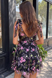 Vestido de Finalista Preto Preto de Decote em V, com Lantejoulas Florais