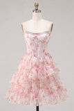 Espartilho cor-de-rosa cor-de-rosa A-Line Vestido de Regresso a Casa Floral com Folhos e Renda nas Costas